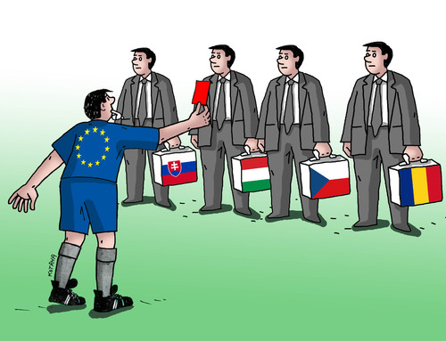 Cartoon: euredcard (medium) by Lubomir Kotrha tagged refugees,quotes,europe,germany,eu,usa,euro,world