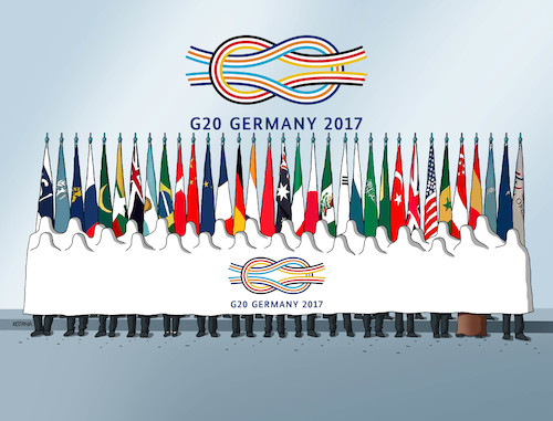 Cartoon: g20germany (medium) by Lubomir Kotrha tagged summit,g20,germany,hamburg,merkel,trump,putin,world,dollar,euro,libra,peace,war