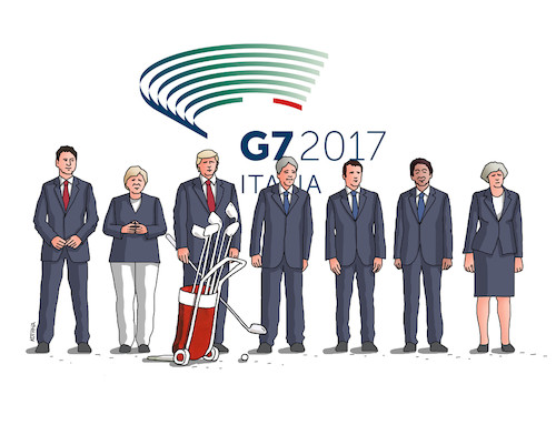 Cartoon: g7italy (medium) by Lubomir Kotrha tagged g7,meeting,italy,2017,trump,merkel,macron,may,world,peace,climate