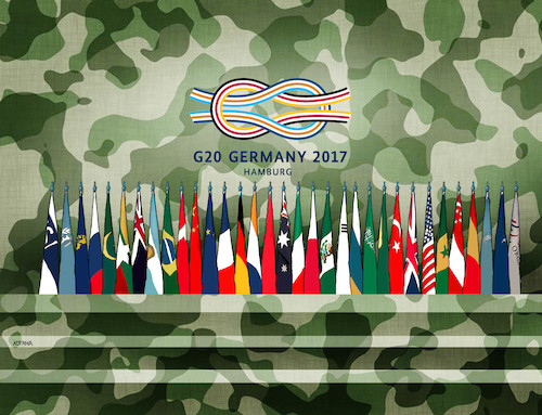 Cartoon: germany20a (medium) by Lubomir Kotrha tagged summit,g20,germany,hamburg,merkel,trump,putin,world,dollar,euro,libra,peace,war