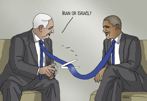 Cartoon: iran or israel (medium) by Lubomir Kotrha tagged usa,israel,iran,obama,netanyahu,world,peace,war