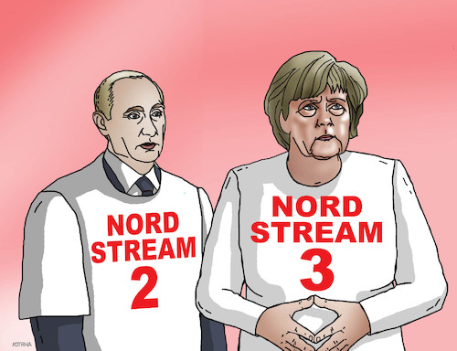 Cartoon: nordstream3 (medium) by Lubomir Kotrha tagged meeting,angela,merkel,vladimir,putin,germany,russia,north,stream,gas,euro,ruble,dollar