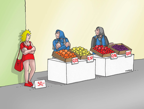 Cartoon: predajna (medium) by Lubomir Kotrha tagged market,prices,fruit