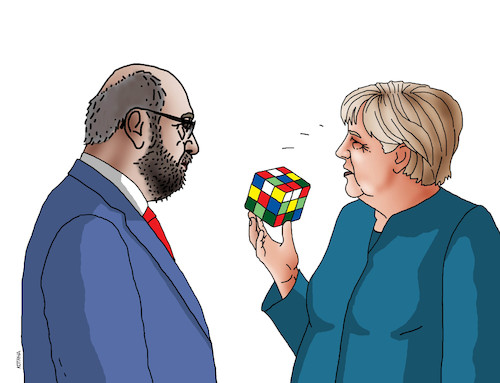 Cartoon: schulzrubik (medium) by Lubomir Kotrha tagged angela,merkel,versusu,martin,schulz,germany,elections,tv,europe