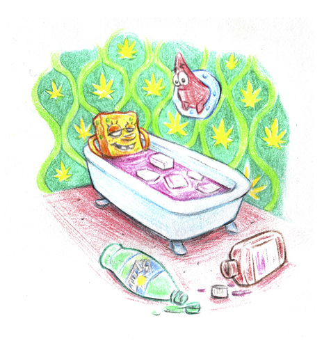 Cartoon: Sponge taking a lean bath (medium) by Trippy Toons tagged spongebob,sponge,bob,squarepants,patrick,star,schwammkopf,bath,bad,bathtub,tub,badewanne,wanne,bathroom,badezimmer,ice,eiswürfel,sprite,promethazine,promethazin,cough,syrup,hustensaft,codeine,kodein,lean,mud,purple,drink