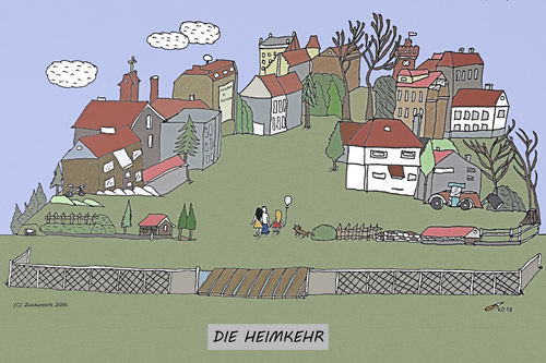 Cartoon: Die Heimkehr (medium) by zeichenstift tagged heimkehr,zuflucht,zuhause,willkommen,stadt,häuser,familie,gebäude,himmel,wolken,wiese,tor,gastfreundschaft