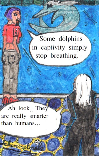 Cartoon: doomsayer - dolphin suicide (medium) by Schimmelpelz-pilz tagged suicide,cage,imprisoned,dolphin,death,dead,doomsayer,goth,punk,sarcasm,sarcastic,black,humour,dark