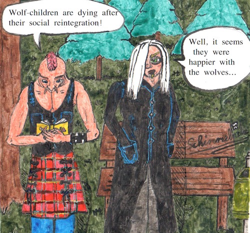 Cartoon: doomsayer - wolf-children (medium) by Schimmelpelz-pilz tagged wolf,child,children,social,reintegration,society,civilization,humanity,human,humans,rule,rules,rehabilitation,resocialization