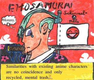 Cartoon: Emosamurai (medium) by Schimmelpelz-pilz tagged chonmage,samurai,ronin,anime,mange,otaku,emo,emorock,alternative,rock,emotional,mom,mommy,sword,katana,flag,japan,kimono,robe