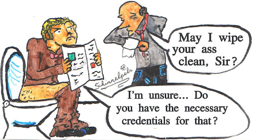Cartoon: Job Application Snobs (medium) by Schimmelpelz-pilz tagged obedient,obedience,toilet,paper,restroom,butler,servant,service,wipe,wiping,ass,butt,newspapers,newspaper,serve,demand,demanding,expectation,expectations,boss,chief,manager,wash,washing,clean,cleaning,snob,job,work,working,arrogant,arrogance