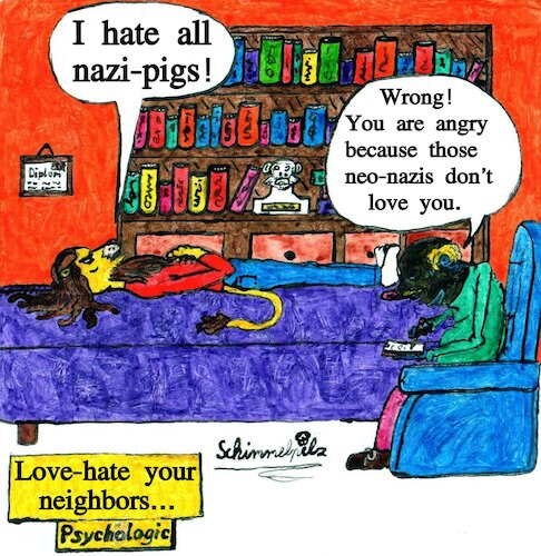 Cartoon: Love-hate Your Neighbors (medium) by Schimmelpelz-pilz tagged hate,love,your,neighbor,psychologic,psychology,psychiatrist,soul,doctor,patient,freud,sigmund,hating,mole,lion,furry,anthro,anthropoid,couch,chair,diploma,logic