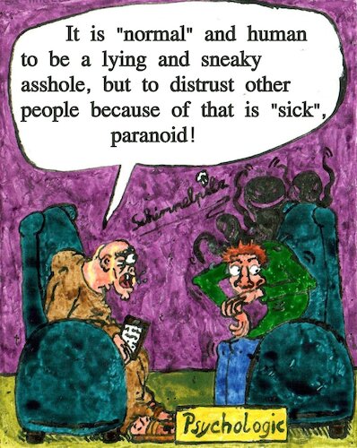 Cartoon: Paranoia (medium) by Schimmelpelz-pilz tagged psychologik,psychologic,arzt,doctor,doktor,patient,therapy,therapeut,therapist,psychiatrist,psychologie,psychology,paranoia,verfolgungswahn,trust,distrust,issue,issues,vertrauensproblem,vertrauensprobleme,misstrauen,hunchback,buckel,igor,fear,anxious,furcht,angst,frightened