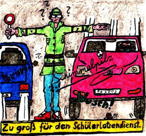 Cartoon: Zu groß für die Verkehrswacht (medium) by Schimmelpelz-pilz tagged auto,autos,schülerlotse,schüler,kinder,kind,verkehr,verkehrswacht,groß,größe,schild,raserei,rasen,straße,strasse