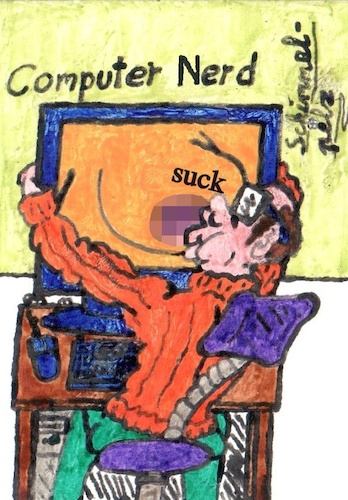 Cartoon: Computernerd - Computer Nerd (medium) by Schimmelpelz-pilz tagged computer,nerd,geek,abhängigkeit,addiction,sucht,obsession,besessenheit,mother,issue,mutterprobleme,nuckeln,saugen,suck