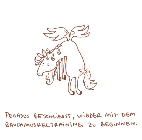 Cartoon: Bauchmuskeln. (medium) by puvo tagged pegasus,pferd,horse,bauchmuskeln,six,pack,abs,sport,fitness,fliegen,core,training,rücken,back,fly,flügel,wing,schwach,weak,fit