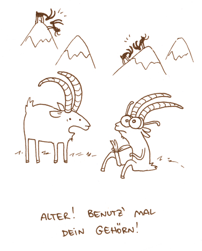 Cartoon: Gehörn. (medium) by puvo tagged gehörn,gehirn,brain,goat,ziege,bergziege,mountain,berg,gebirge,buch,book,read,steinbock,ibex,kraft,power,gewalt,violence,klugheit,smart,klug,schlau,köpfchen