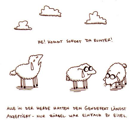 Cartoon: Gendefekt. (medium) by puvo tagged schaf,brille,kurzsichtig,wolke,herde,gen,genetik,sheep,cloud,drove,gene,genetics,glasses,myopic