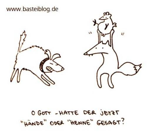 Cartoon: Henne hoch. (medium) by puvo tagged henne,hen,hände,hands,fox,fuchs,hund,dog