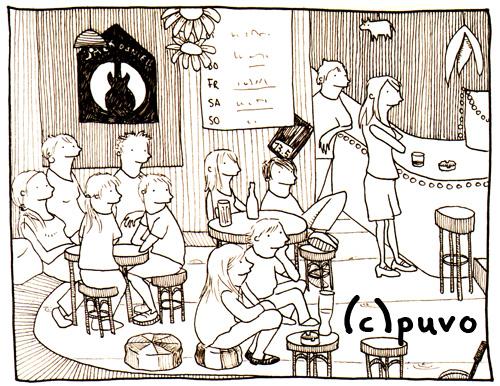 Cartoon: Listen to the music. (medium) by puvo tagged publikum,audience,musik,music,bar,kneipe,band,concert,konzert