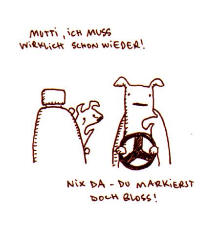 Cartoon: Markiert. (medium) by puvo tagged dog,hund,pinkeln,pee,markieren,mark,auto,car,reise,trip,pause,stop,break