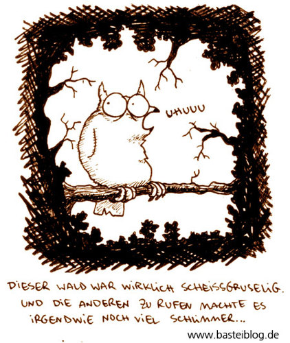 Cartoon: Uhunheimlich (medium) by puvo tagged owl,uhu,eule,wald,wood,unheimlich,gruselig,creepy,dunkel,dark,angst,fear
