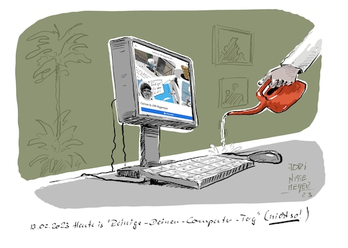Cartoon: 13.02.2023 (medium) by Jori Niggemeyer tagged computer,pc,reinigung,wasser,tastatur,pcreinigung,computer,pc,reinigung,wasser,tastatur,pcreinigung,giesskanne