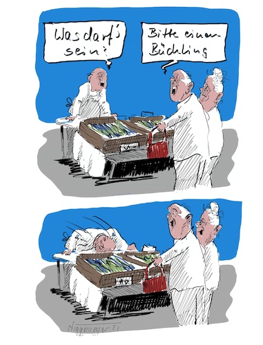Cartoon: Der Bückling... (medium) by Jori Niggemeyer tagged dienstleistung,fisch,fischverkauf,bückling,diener,humor,markt,verkauf