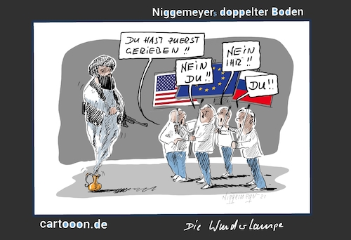 Cartoon: Die Verantwortung (medium) by Jori Niggemeyer tagged taliban,verantwortung,wunderlampe,deutschland,europa,usa,schuldzuweisungen,taliban,verantwortung,wunderlampe,deutschland,europa,usa,schuldzuweisungen