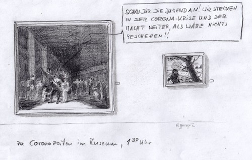 Cartoon: Im Museum... (medium) by Jori Niggemeyer tagged corona,socialdistancing,ignoranten,corona,socialdistancing,ignoranten,museum,bilder,unterhaltung,kommunikation,einsamkeit,leere