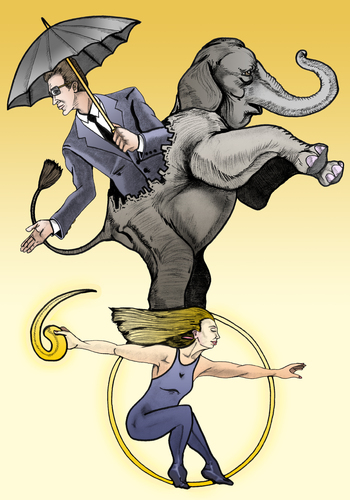 Cartoon: A resilient umbrella (medium) by javierhammad tagged elephant,equilibrium,umbrella,circus,surreal,elephant,equilibrium,umbrella,circus,surreal
