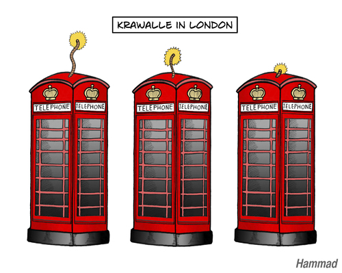 Cartoon: Krawalle in London (medium) by javierhammad tagged riot,london,krawalle,cabin,telephone,uk,uk,krawalle,england,london,gewalt,aufstand,polizei