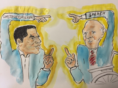 Cartoon: Schäuble-Tsipras Verständigung (medium) by CatPal tagged griechenlandkrise,schäuble,tsipras