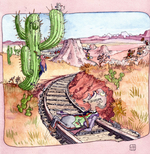 Cartoon: Ich kann keinen Zug vertragen (medium) by thomasH tagged prärie,eisenbahn,schienen,bankräuber,wildwest,zug