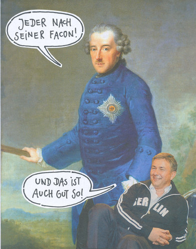 Cartoon: berliner jungs (medium) by Andreas Prüstel tagged friedrich2,klauswowereit,alterfritz,berlin,preussen,toleranz,zitate