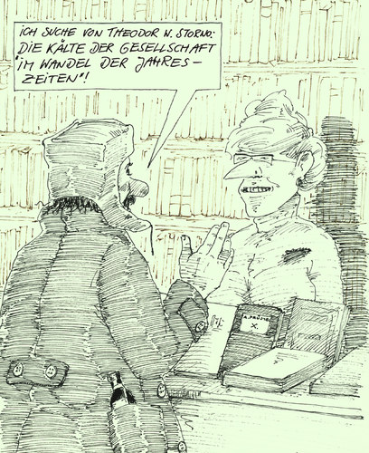 Cartoon: buchsucher (medium) by Andreas Prüstel tagged buch,bücher,buchladen,gesellschaftszustand,kälte,buch,bücher,buchladen,gesellschaftszustand,kälte
