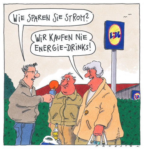 Cartoon: energysparer (medium) by Andreas Prüstel tagged energie,energydrinks,energieeinsparung,discounter,interview,energie,discounter,interview,shopping,handel,verkauf,lidl,supermarkt