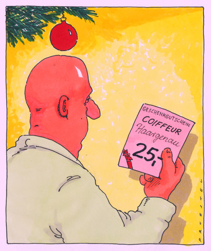 Cartoon: festliche verarschung (medium) by Andreas Prüstel tagged weihnachten,geschenke,geschenkgutschein,friseur,coiffeur,glatze,weihnachten,geschenke,geschenkgutschein,friseur,glatze,geschenk