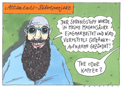 Cartoon: fortschritt (medium) by Andreas Prüstel tagged terror,attentat,innovation,terror,attentat,innovation,terrorismus,sprengstoff,islam,pilotprojekt,tee,kaffee