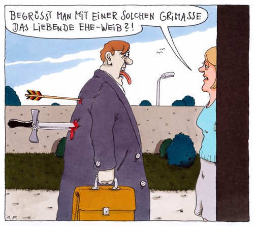 Cartoon: grimassig (medium) by Andreas Prüstel tagged grimasse,überfall,ehepaar,begrüssung,grimasse,überfall,ehepaar,begrüssung