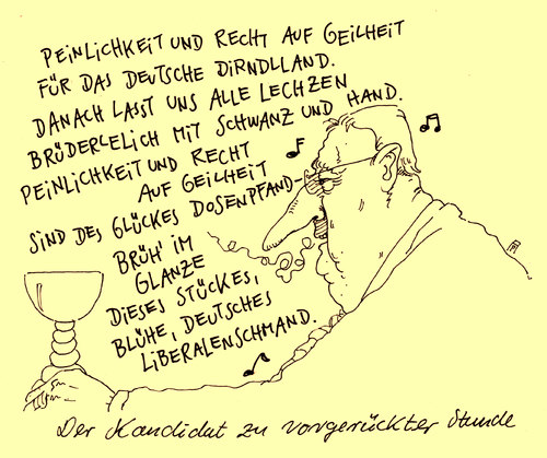 Cartoon: kandidat brüderle (medium) by Andreas Prüstel tagged brüderle,fdp,kanzlerkandidat,nationalhymne,brüderle,fdp,kanzlerkandidat,nationalhymne