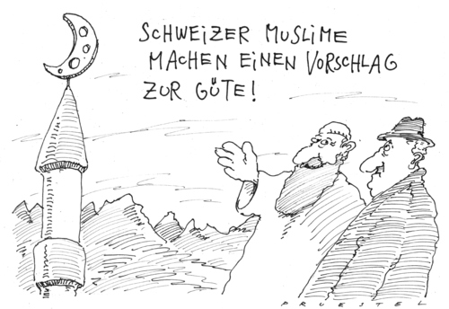 Cartoon: kompromiss (medium) by Andreas Prüstel tagged scweizer,volksabstimmung,muslime,in,europa,schweiz,minarette,abstimmung,verbot,intoleranz,toleranz,islam,muslime,moschee,kultur,tradition,ausländer