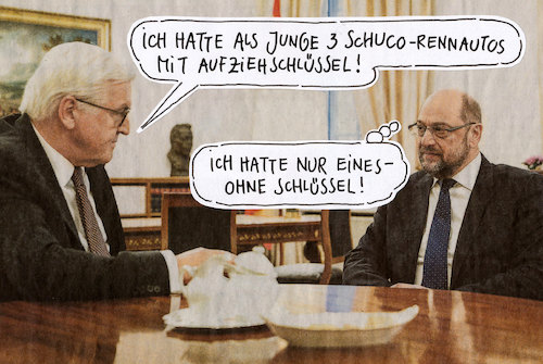 Cartoon: rennautos (medium) by Andreas Prüstel tagged bundespräsident,steinmeier,spd,martin,schulz,spielzeug,rennautos,schuco,cartoon,collage,andreas,pruestel