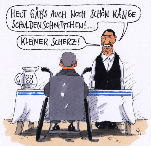 Cartoon: schuldenschnitte (medium) by Andreas Prüstel tagged schuldenschnitt,griechenland,schäuble,finanzminister,ouzo,schuldenschnittchen,cartoon,karikatur,andreas,pruestel