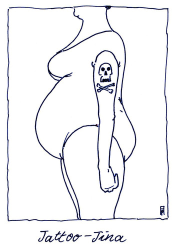 Cartoon: tina (medium) by Andreas Prüstel tagged tattoo,schwangerschaft,geburt,tod,totenkopf,schädel,cartoon,karikatur,andreas,pruestel