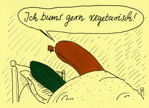 Cartoon: vegetarisch (medium) by Andreas Prüstel tagged pruestel,andreas,karikatur,cartoon,gurke,wurst,bumsen,vegetarier,vegetarisch