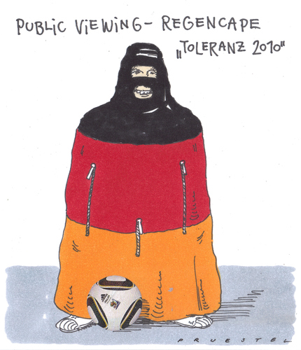 Cartoon: wm-couture (medium) by Andreas Prüstel tagged fussball,toleranz,burka,publicviewing,fussball,toleranz,burka,public viewing,islam,fußball,wm,weltmeisterschaft,public,viewing