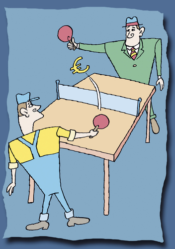 Cartoon: Gehälter (medium) by astaltoons tagged gehalt,lohn,verhandlungen,tarifpartner,ping,pong,euro,geld,spiel,handwerker,manager,chef,tischtennis,ball