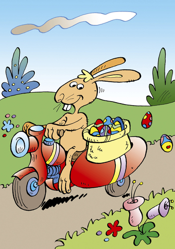 Cartoon: Osterhase (medium) by astaltoons tagged ostern,osterhase,eier,bunt,mofa,moped,wiese,korb