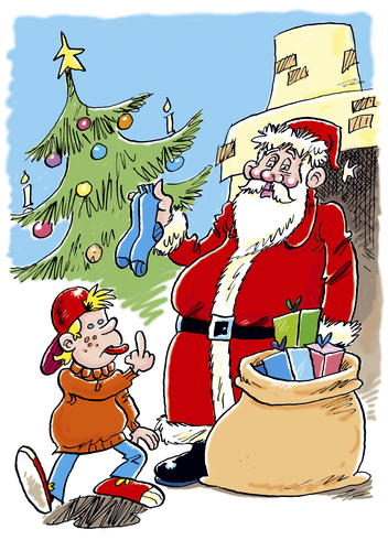 Cartoon: Weihnachten (medium) by astaltoons tagged weihnachten,weihnachtsmann,tannenbaum,geschenke,junge,socken,unzufrieden,stinkefinger