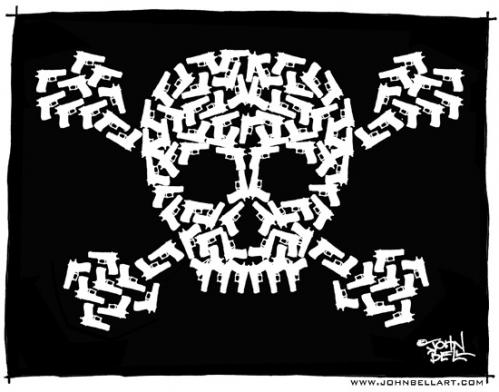 Cartoon: Deadly (medium) by JohnBellArt tagged gun,guns,death,kill,poison,warning,skull,crossbones
